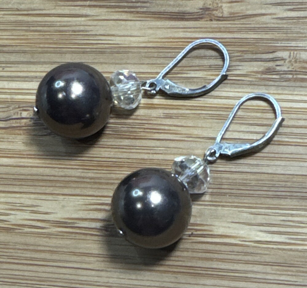 Sterling Silver Bronze Faux Pearl Crystal Dangle Leverback Earrings Marked 925